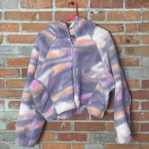 NWT Wild Fable Faux Shearling Sherpa Hooded Marble Cropped Full Zip Jacket M/L